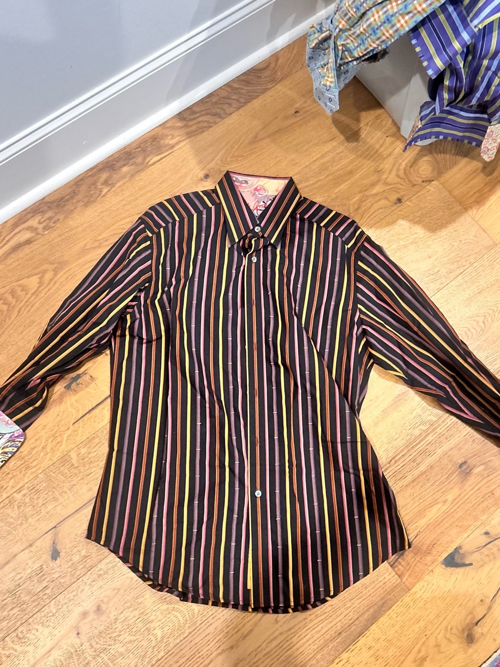 VINTAGE Robert Graham Black Shirt with Pink and Yellow Stripes